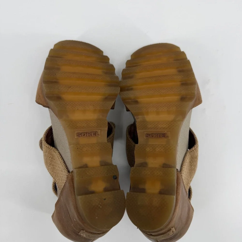 Sorel Joanie Lace Tan Leather Canvas Wedge Sandals NL2441-286 Womens 10